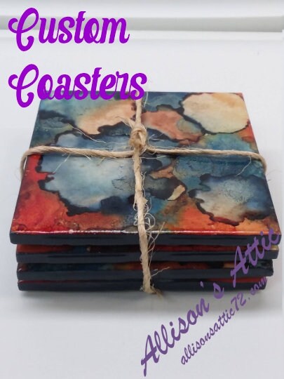 Ceramic Coasters; Set of 4; Square Coasters; Painted Coasters; Drink Coasters; Alcohol Ink Coasters; Alcohol Ink; Labor Day